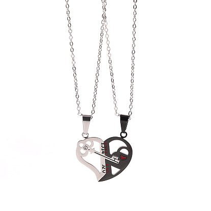 2 piezas 2 conjunto de collares con colgante a juego con llave de corazón de acero inoxidable estilo, Número de palabra 1314 520 collares de pareja para el día de San Valentín.