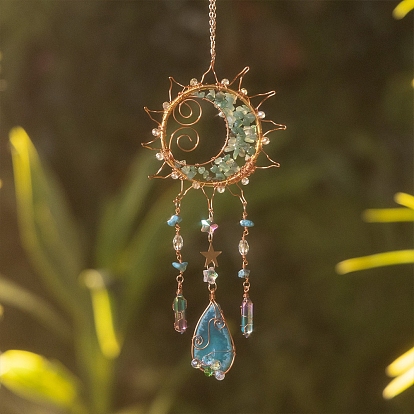Wire Wrapped Natural Green Aventurine & Metal Sun with Moon Pendant Decorations, with Agate Slice, for Garden Window Hanging Suncatchers