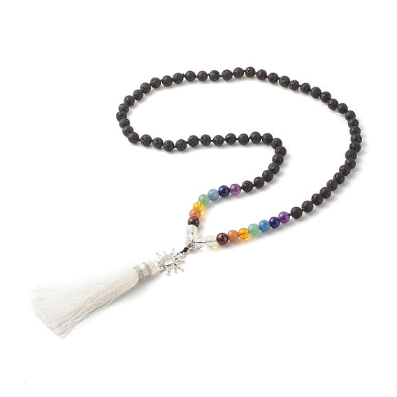 Collier bouddhiste grand pendentif soleil et pompon, pierre de lave naturelle et pierres précieuses mélangées bijoux en perles de mala pour femmes
