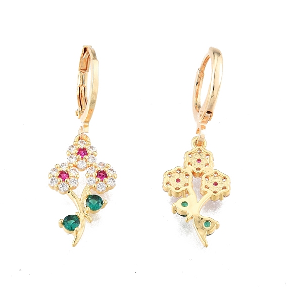 Colorful Cubic Zirconia Flower of Life Dangle Leverback Earrings, Brass Jewelry for Women, Cadmium Free & Nickel Free & Lead Free