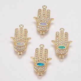 Brass Micro Pave Cubic Zirconia Links, with Synthetic Opal, Hamsa Hand/Hand of Fatima/Hand of Miriam with Horse Eye
