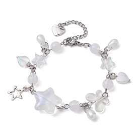 Bracelet à breloques étoile en alliage et cœur en acrylique, avec papillon et chaînes de perles rondes