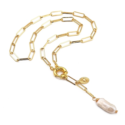 Colliers de lariat perle baroque naturelle, avec fermoirs à ressort en laiton et pendentif en alliage de strass, plat rond et soleil et ovale