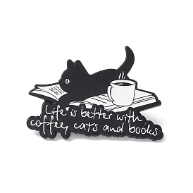 Word Life Is Better with Coffee Cat and Books Enamel Pin, Teachers' Day Alloy Badge for Backpack Clothes, Electrophoresis Black