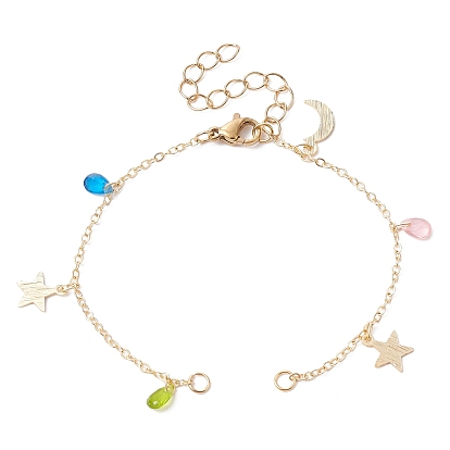 Star & Moon Brass Link Chain Bracelet Making, with Glass Teardrop, Lobster Claw Clasps, Fit for Connector Charms