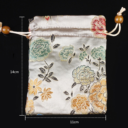 Chinese Style Flower Pattern Satin Jewelry Packing Pouches, Drawstring Gift Bags, Rectangle