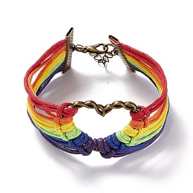 Rainbow Pride Bracelet, Heart Link Wide Bracelet, Waxed Cords Bracelet for Men Women