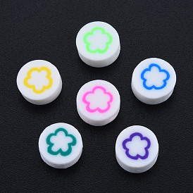 Handmade Polymer Clay Beads, Flat Round with Flower