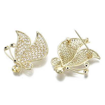Brass Micro Pave Cubic Zirconia Brooch Findings, For Half Drilled Beads, Butterfly, Nickel Free