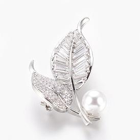 Brass Cubic Zirconia Brooches, with Acrylic Pearl, Leaf