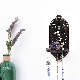 Sun/Moon/Palm Pattern Wood Wall Decorations, Floating Shelf, Hanging Candle Holder, Dowsing Pendulum Holder, Black