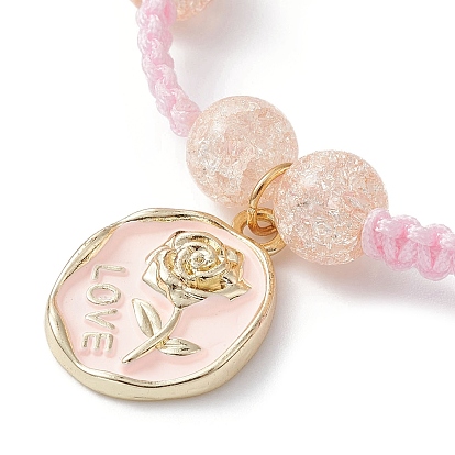 Synthetic Crackle Quartz Braided Bead Bracelet, Heart & Rose Alloy Enamel Charm Bracelet for Valentine's Day