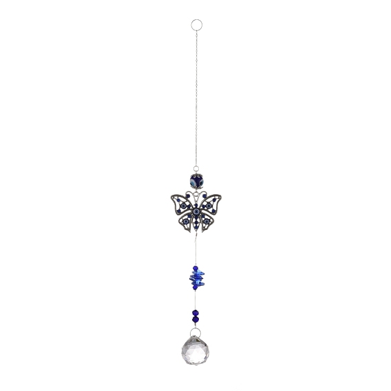 Aleación mariposa azul turco mal de ojo colgante decoración, con prismas de bola de araña de techo de cristal, Adorno de amuleto para colgar en la pared del hogar