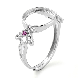 Flat Round Adjustable 925 Sterling Silver Ring Components, with Cubic Zirconia, Open Bezel Setting