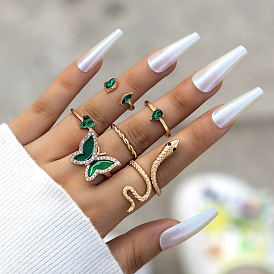 Кольцо «Зеленая бабочка» в форме змеи с бриллиантами и бриллиантами, комплект из 6 частей, кольца с каплевидными изумрудными камнями