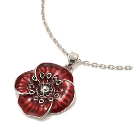 Alloy Poppy Flower Pendant Necklaces, with Rhinestone and Enamel, FireBrick