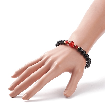 Cornaline d'agate rouge naturelle (teintée et chauffée) et bracelet extensible de perles rondes en onyx noir, bijoux en pierres précieuses pour femmes
