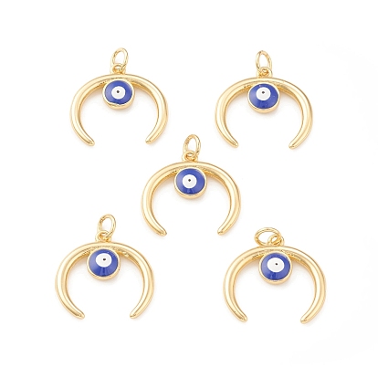 Eco-Friendly Brass Enamel Pendants, with Jump Ring, Lead Free & Cadmium Free, Double Horn/Crescent Moon with Evil Eye Charm