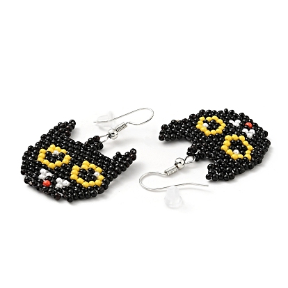 Glass Seed Braided Cat Dangle Earrings, Alloy Wire Wrap Halloween Earrings for Women