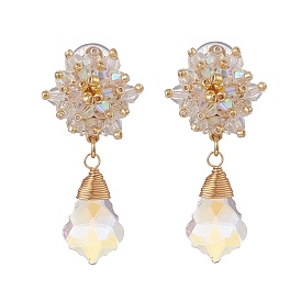 Boucles d'oreilles pendantes à clip fleur en perles de verre et larme, doré 304 bijoux en fil d'acier inoxydable pour femmes