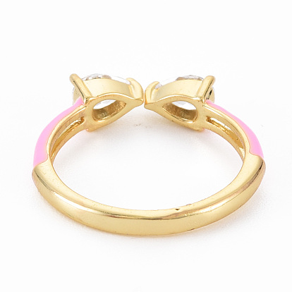 Bowknot latón micro pavé anillos de puño de esmalte de circonita cúbica transparente, anillos abiertos de esmalte chapado en oro real 16k, sin níquel