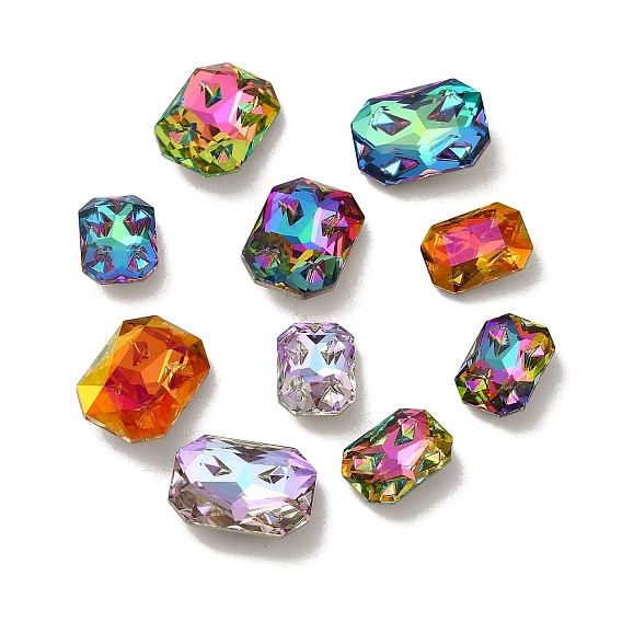 Cabujones de diamantes de imitación de cristal, punta trasera y trasera plateada, facetados, Rectángulo