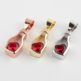 Bottle with Heart Brass Micro Pave Cubic Zirconia Charms Pendants, 17x7.5x4.5mm, Hole: 5x3.5mm