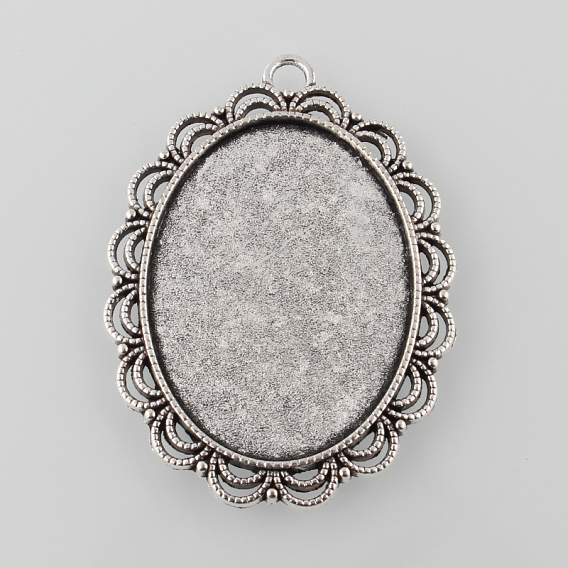 Tibetan Style Antique Silver Alloy Flat Oval Pendant Cabochon Settings, Cadmium Free & Lead Free, Tray: 40x30mm, 54x40x3mm, Hole: 4mm, about 99pcs/1000g