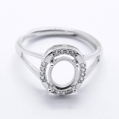 925 Sterling Silver Finger Ring Components, with Cubic Zirconia, Adjustable, Oval