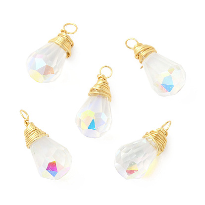 Rack Plating Brass with Glass Pendant, Cadmium Free & Lead Free, Long-Lasting Plated, Faceted Teardrop Charms