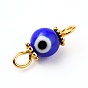 Golden Plated Handmade Lampwork link Connectors, with Alloy Spacer Beads and Iron Eye Pin, Round with Evil Eye