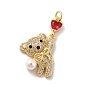 Rack Plating Brass Micro Pave Cubic Zirconia Pendants, with Pearl, Cadmium Free & Lead Free, Long-Lasting Plated, Real 18K Gold Plated, Bear