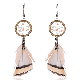 Handmade Feather Earrings - Round Net Design, Clean Feather Decoration.