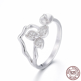925 Sterling Silver Cuff Rings, Open Rings Components, For Half Drilled Beads, with Cubic Zirconia, Flower