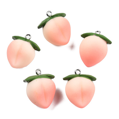 Opaque esin Pendants, Imitation Food, with Platinum Plated Iron Loops, Peach Charm