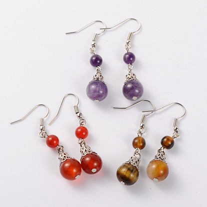 Natural Gemstone Dangle Earrings, with Iron Bead Caps and Brass Earring Hooks, Platinum, 47mm, Pin: 0.7mm