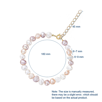 Pulseras de perlas naturales de perlas de agua dulce, con cadena de extensión de hierro, Fornituras de latón, color mezclado
