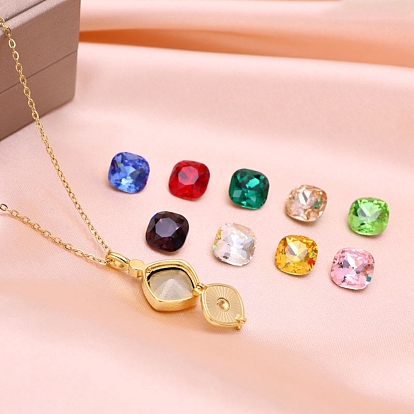 Golden 304 Stainless Steel Rhombus Pendant Necklace, with Interchangeable 9Pcs Birthstone Color Style Cubic Zirconia Charms