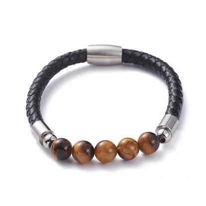 Bracelets cordon en cuir unisexes, avec des perles rondes de pierre naturelle, 304 fermoirs magnétiques en acier inoxydable et perles rondelles, avec boîte d'emballage en carton