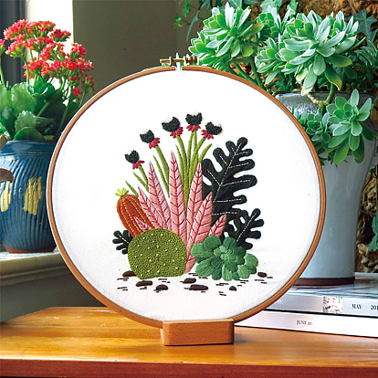 Kits de inicio de bordado diy con patrón de cactus, incluyendo tela e hilo de bordado, aguja, hoja de instrucciones