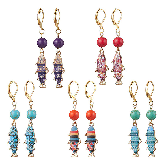 Alloy Fish Dangle Leverback Earrings, with Synthetic Turquoise Beads