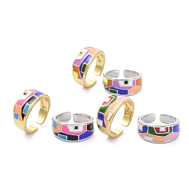 Enamel Geometric Pattern Wide Band Ring for Teen Girl Women, Long-Lasting Plated Brass Open Cuff Finger Ring