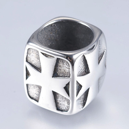304 Stainless Steel Beads, Large Hole Beads, Cuboid with Cross