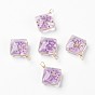 Inner Flower Glass Pendants, with Long-Lasting Plated Brass Findings, Nickel Free, Rhombus, Real 18K Gold Plated