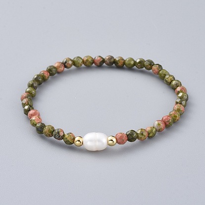Gemstone Beads Stretch Bracelets, with Brass Beads and Natural Pearl Beads