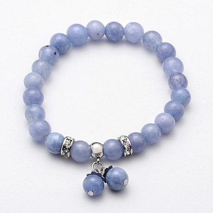Natural Gemstone Beaded Charm Stretch Bracelets, with Stainless Steel Findings, 52mm