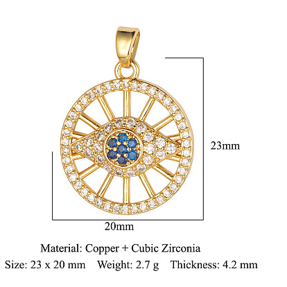 Brass Micro Pave Cubic Zirconia Pendants, Flat Round with Horse Eye Charms