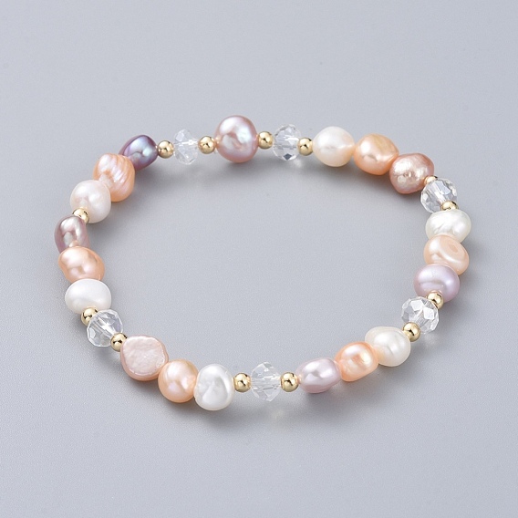 Stretch Bracelets, with Natural Cultured Freshwater Pearl Beads, Glass Beads and Brass Round Spacer Beads, Elastic Crystal Thread, with Burlap Bags