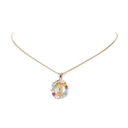 Colorful Cubic Zirconia Oval with Virgin Mary Pendant Necklace, 304 Stainless Steel Jewelry for Women