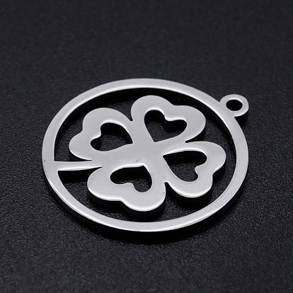 201 Stainless Steel Pendants, Flat Round with Four Leaf Clover